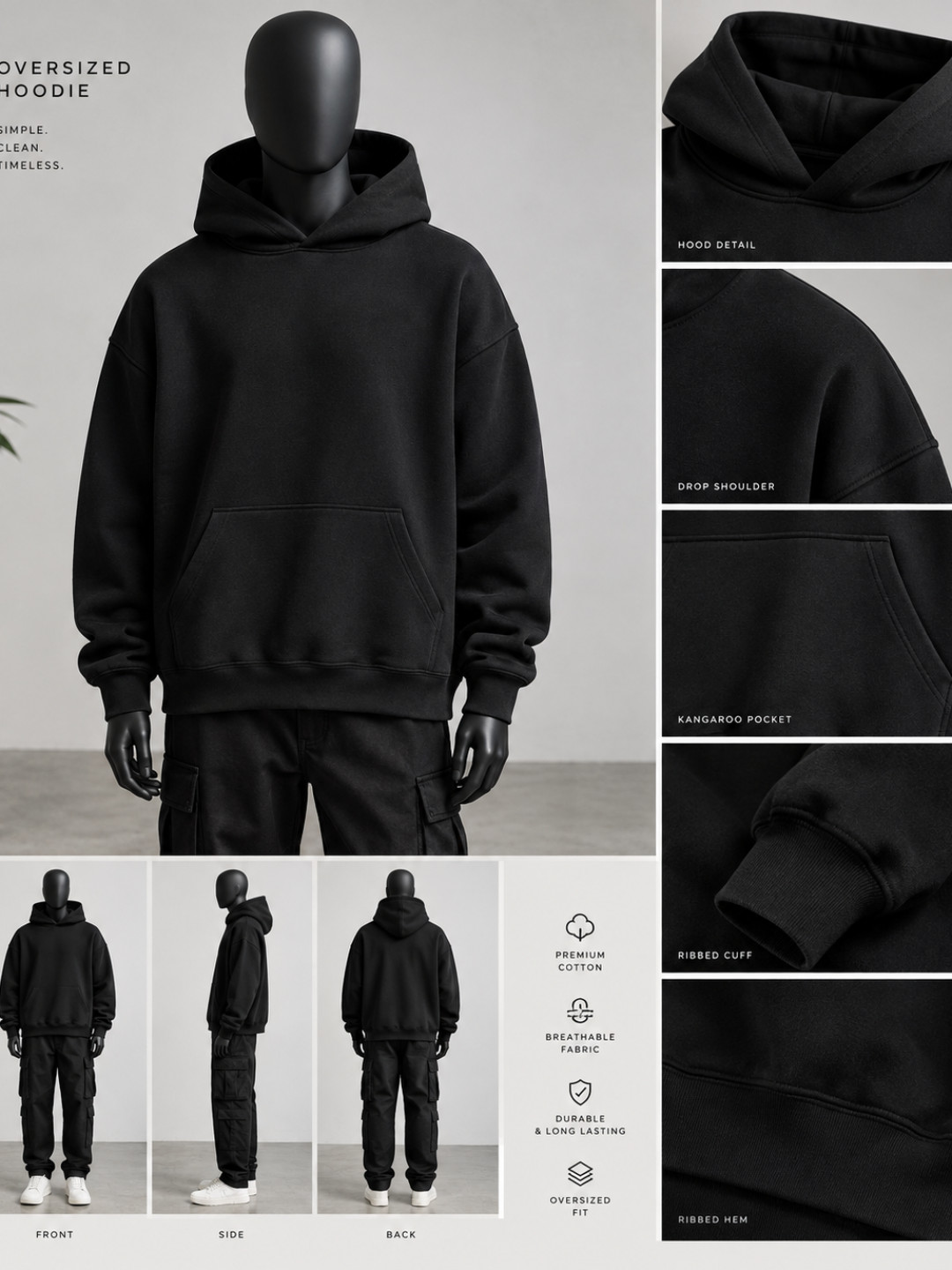 Black - Plain Boxy fit Oversize Hoodie