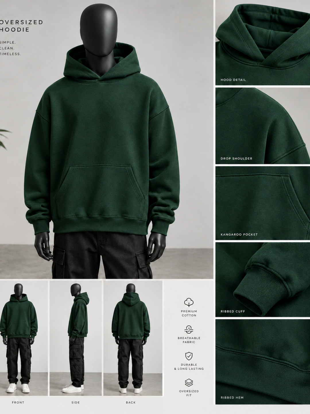 Bottle Green - Plain Boxy fit Oversize Hoodie