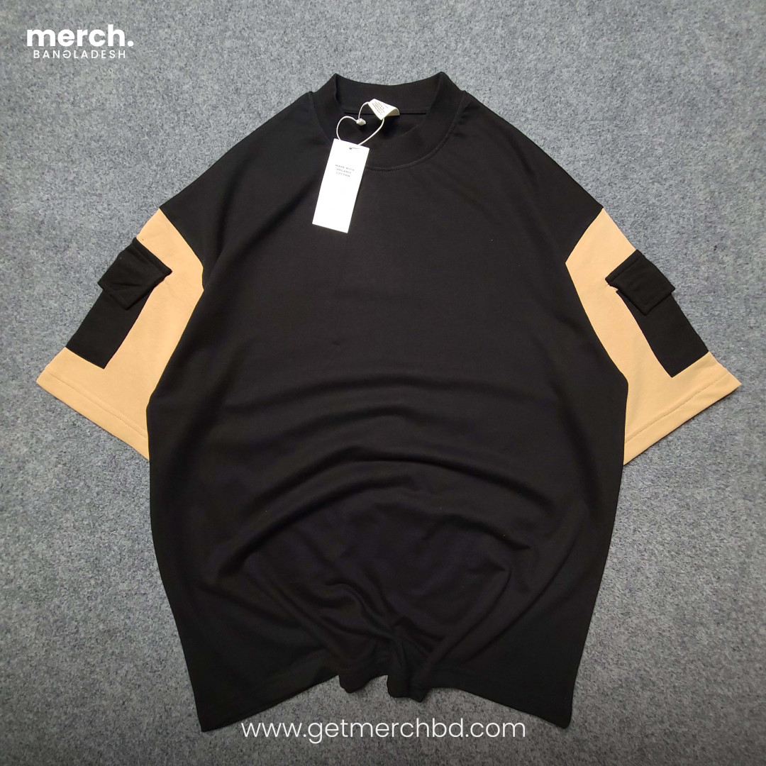 Flap Pocket on sleeve Drop Shoulder - BLACK (Mock Neck)