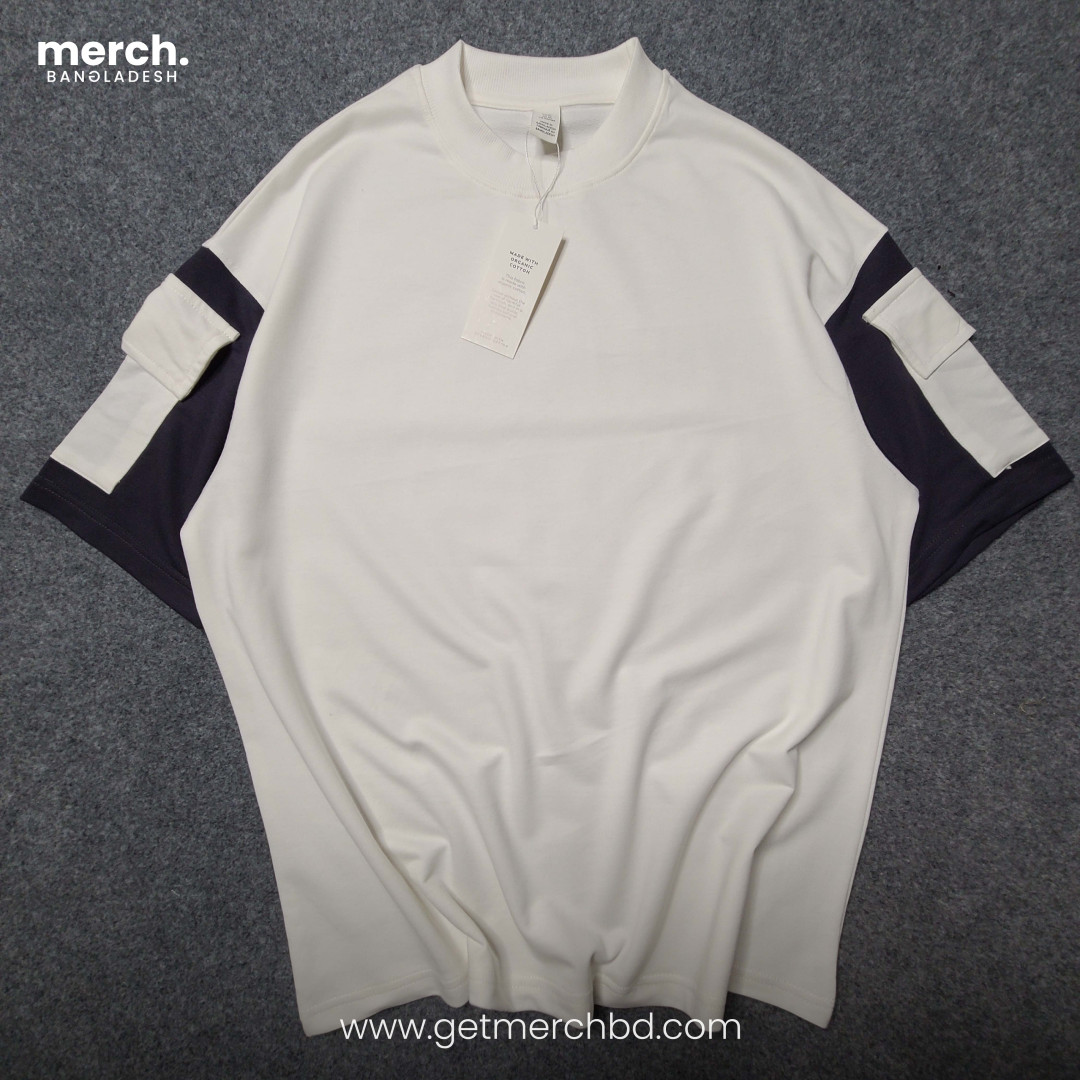 Flap Pocket on sleeve Drop Shoulder - Cream WHITE (Mock Neck)