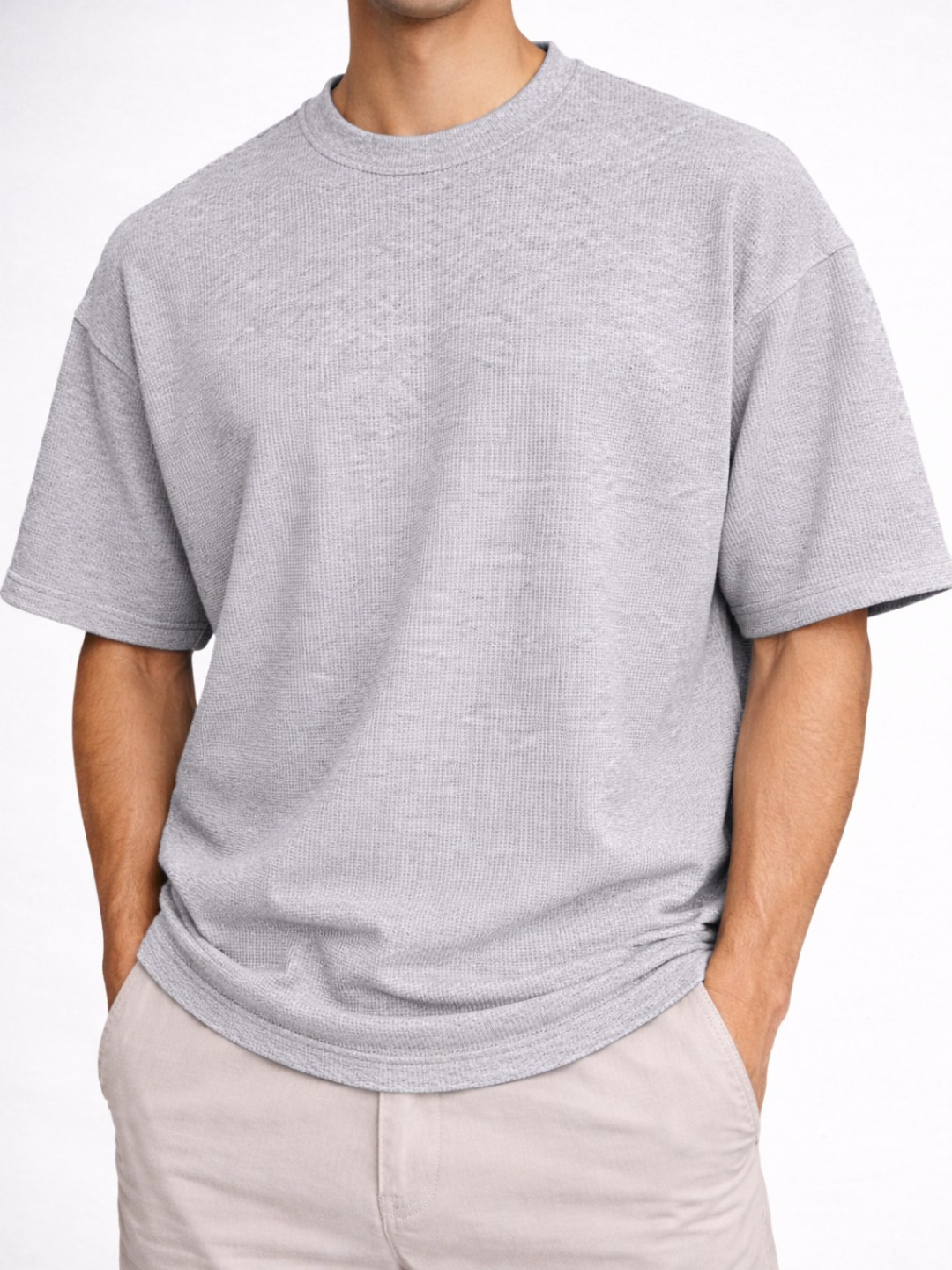 Grey Melange - Cotton Blend Waffle Drop Shoulder Tee