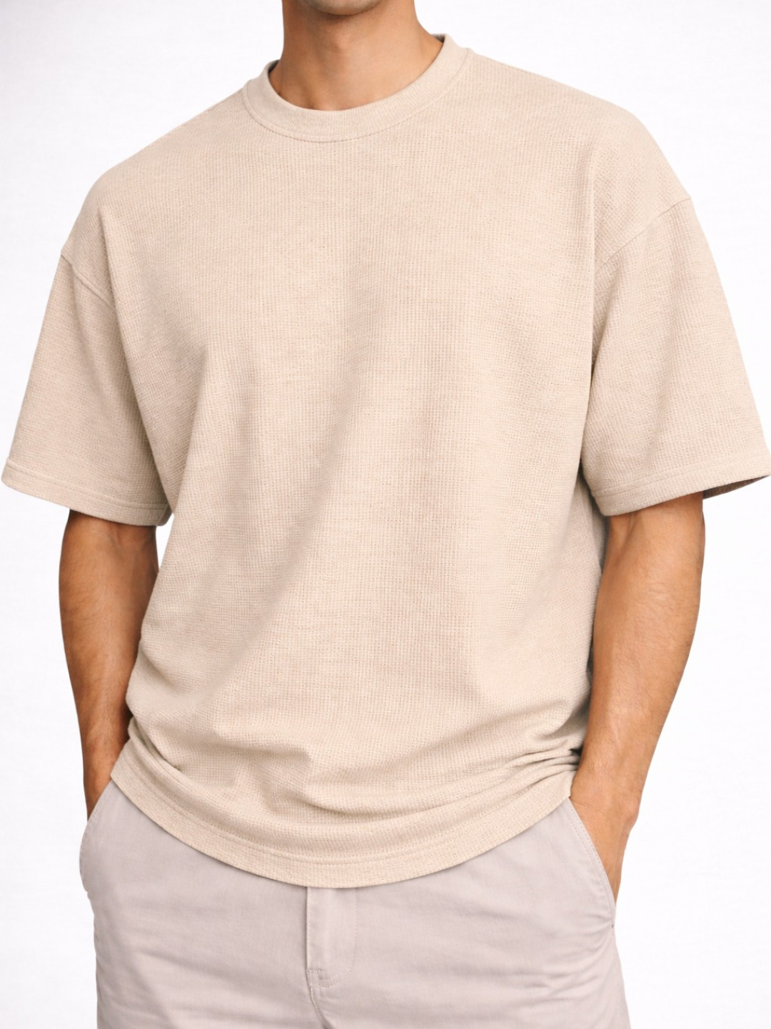 Lt. Beige - Cotton Blend Waffle Drop Shoulder Tee