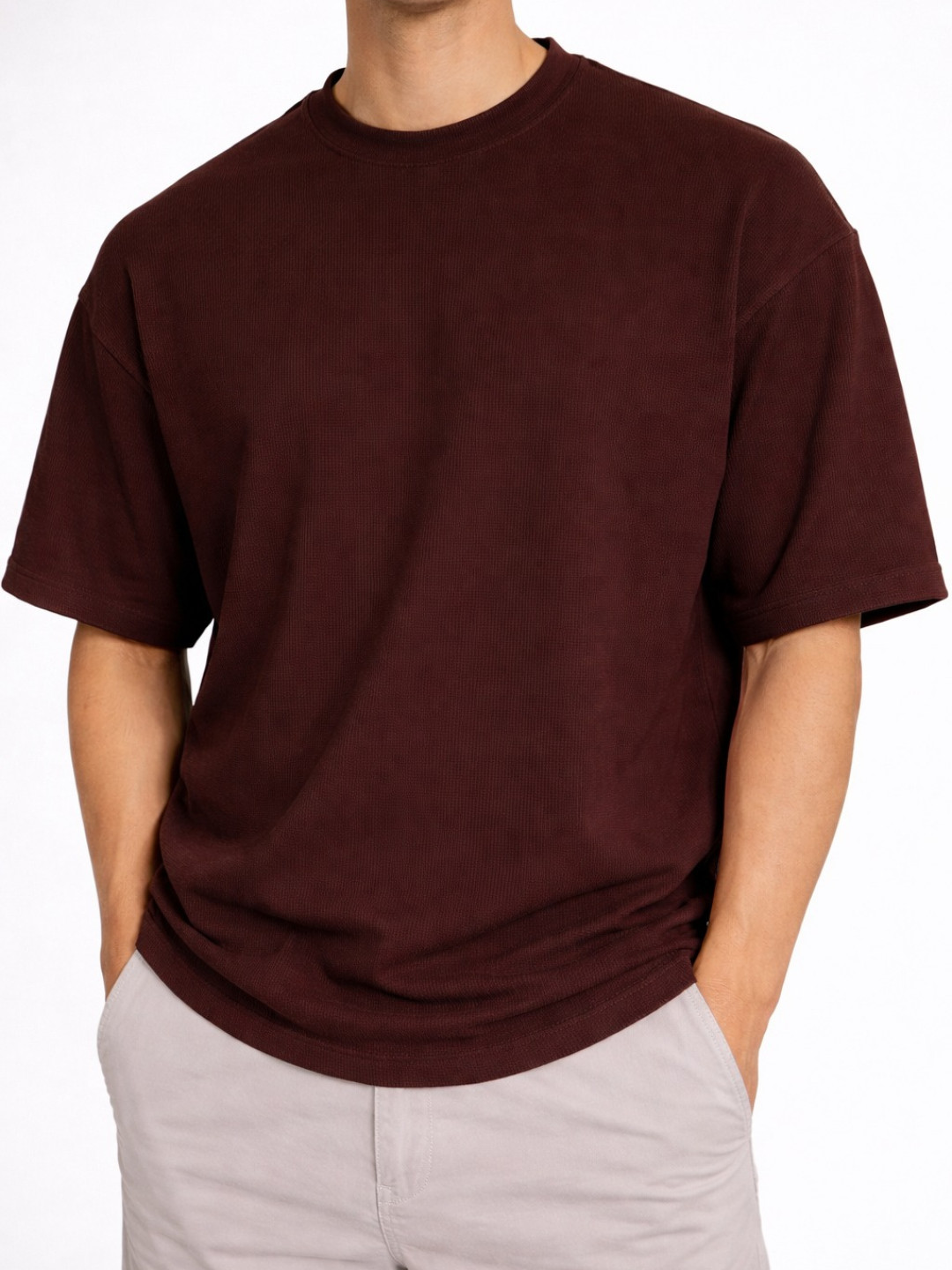 Maroon - Cotton Blend Waffle Drop Shoulder Tee