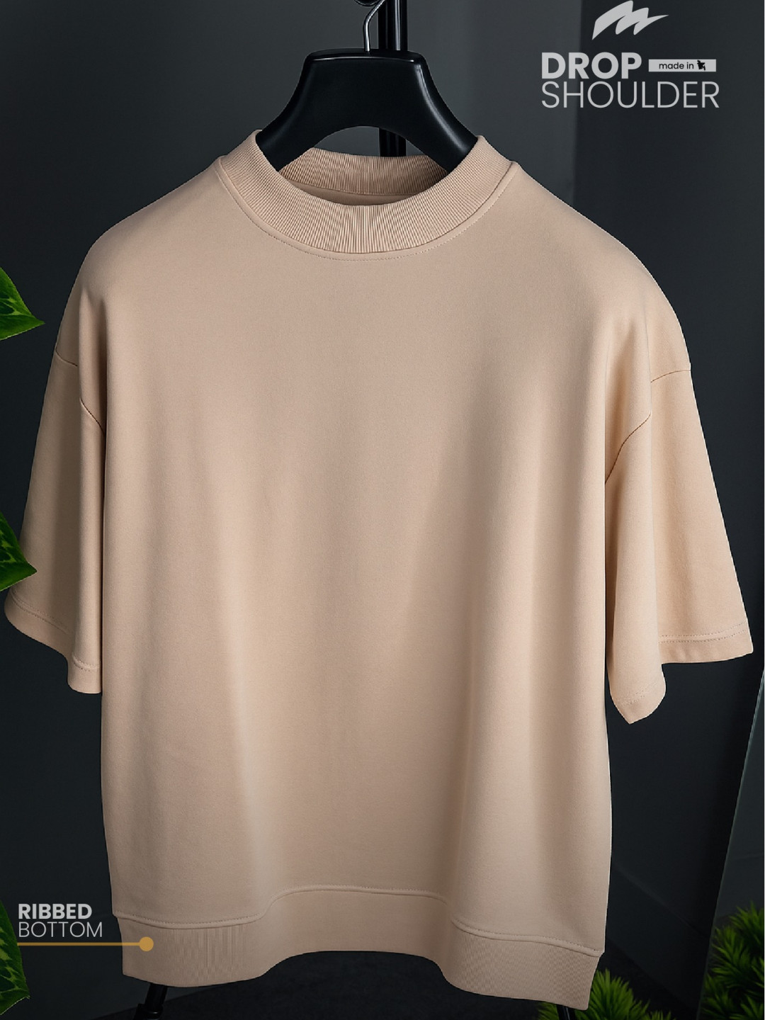 Mock Neck Premium Drop Shoulder T-shirt with Ribbed Bottom - Mist Pink