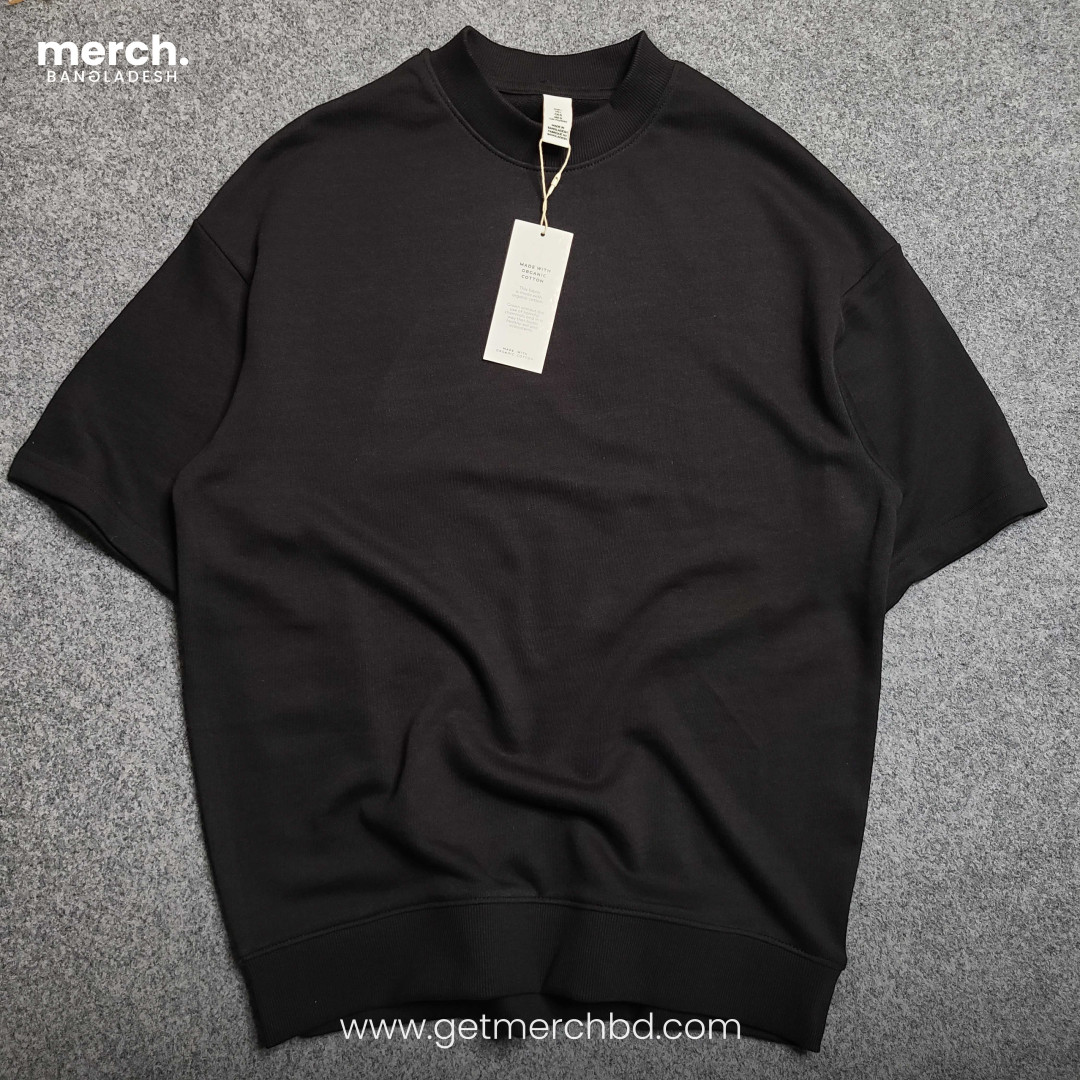 Mock Neck Premium Drop Shoulder with Ribbed Bottom - Black