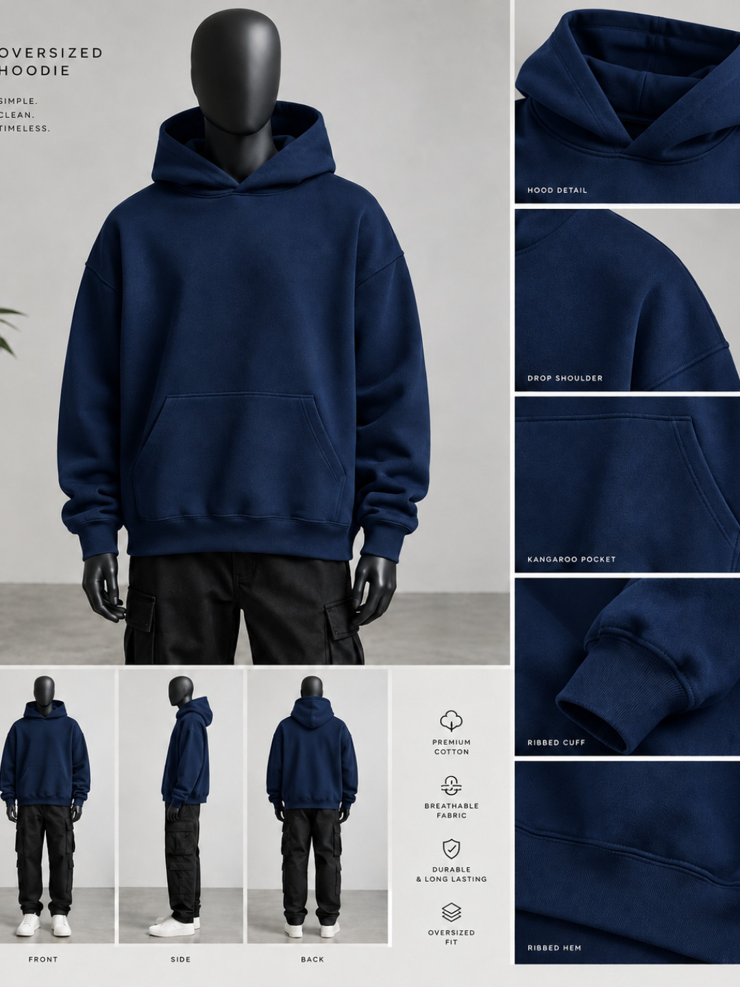Navy - Plain Boxy fit Oversize Hoodie