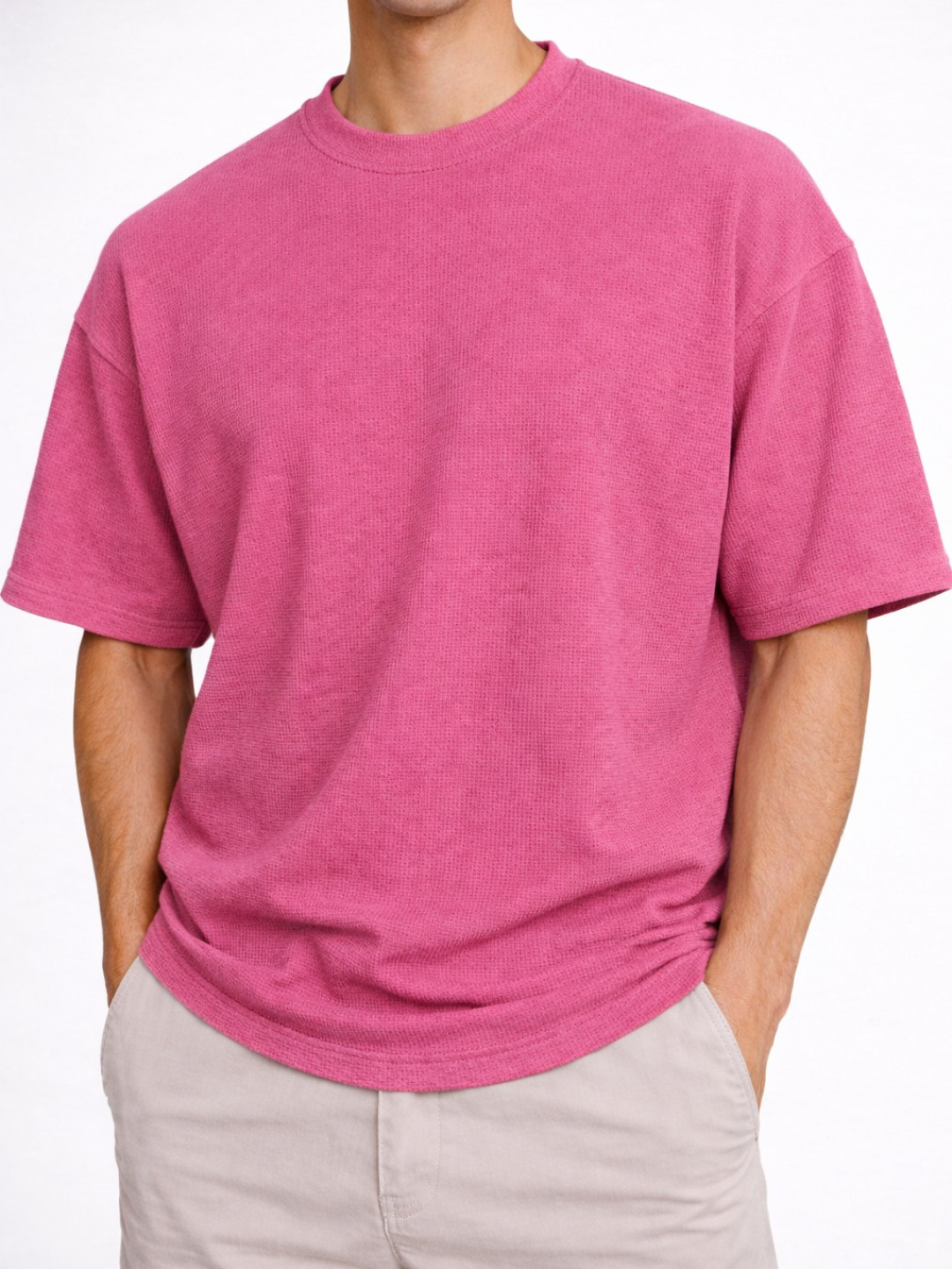 Rose PINK - Cotton Blend Waffle Drop Shoulder Tee