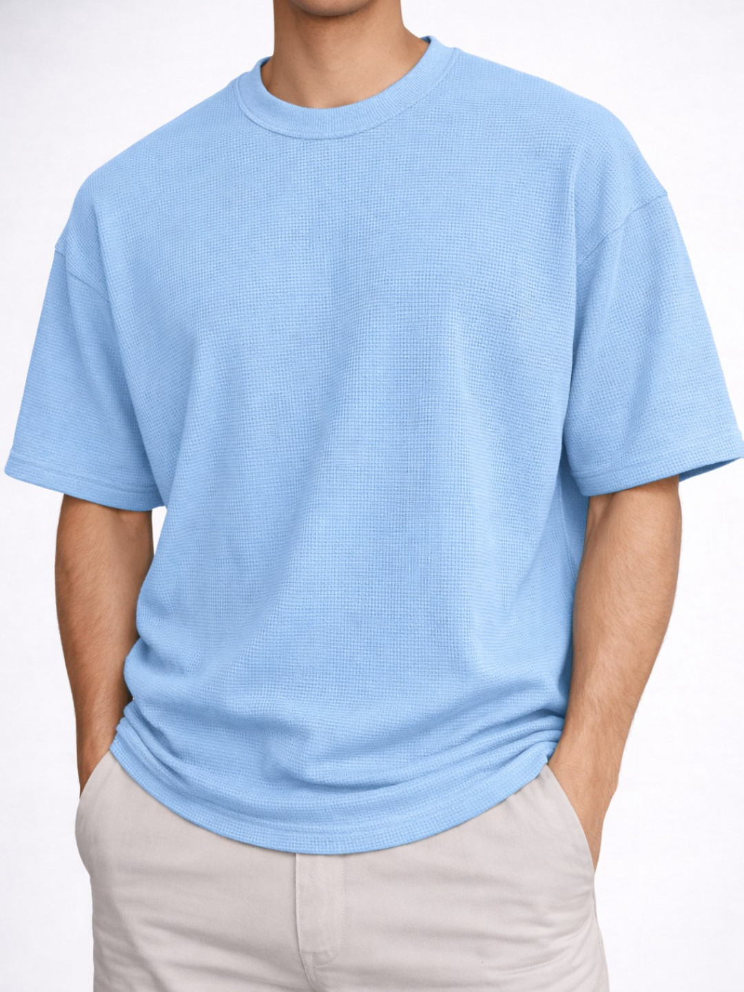 Sky Blue - Cotton Blend Waffle Drop Shoulder Tee