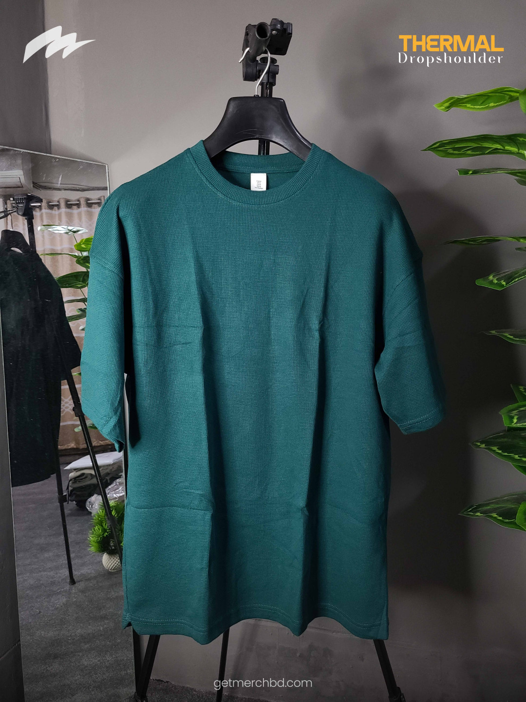 Waffle Knitted Drop Shoulder T-Shirt - Bottle Green