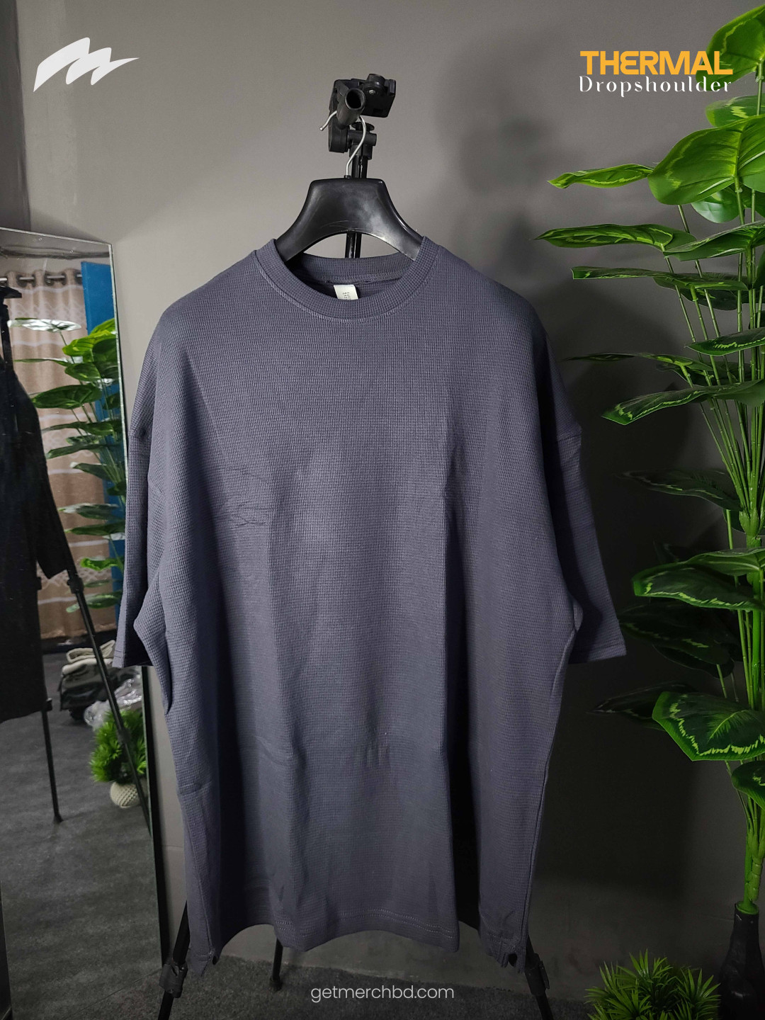 Waffle Knitted Drop Shoulder T-Shirt - Charcoal