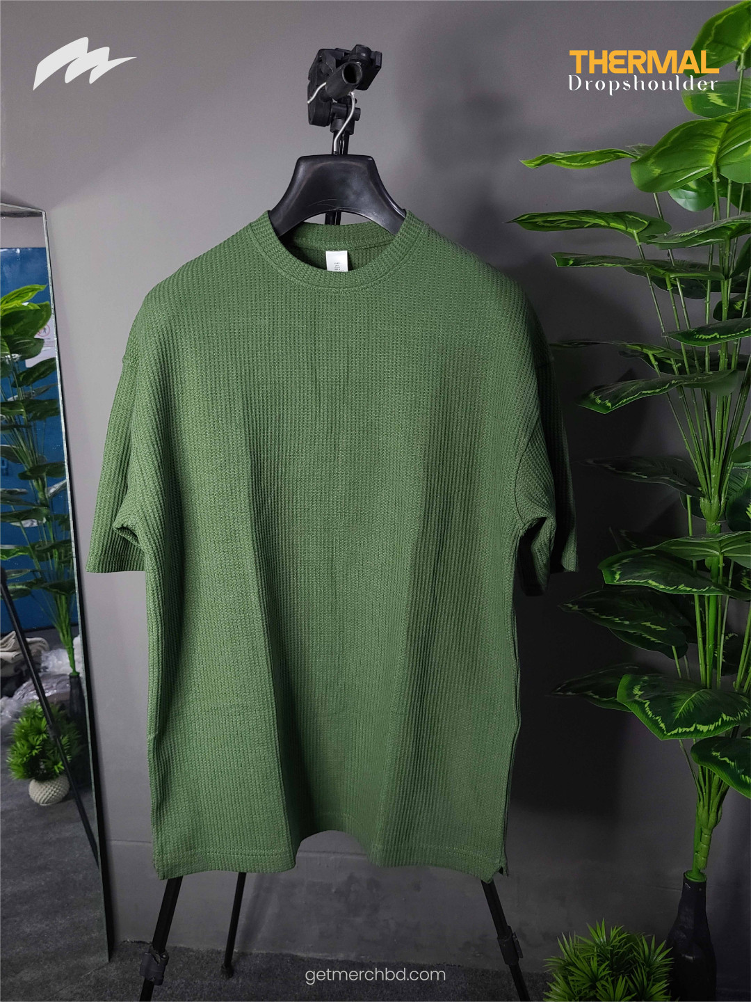Waffle Knitted Drop Shoulder T-Shirt - Green