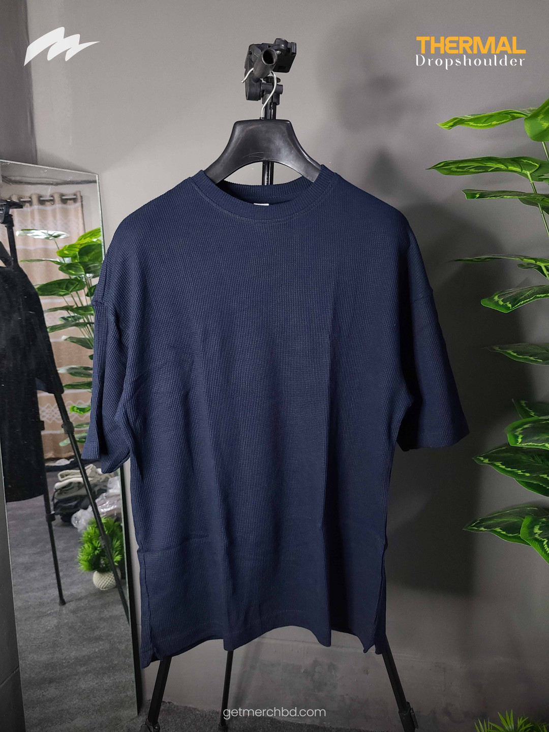 Waffle Knitted Drop Shoulder T-Shirt - Navy Blue