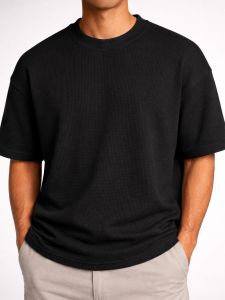 Black - Cotton Blend Waffle Drop Shoulder Tee