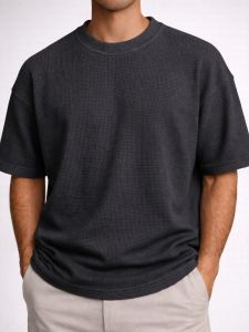 Charcoal - Cotton Blend Waffle Drop Shoulder Tee