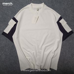 Flap Pocket on sleeve Drop Shoulder - Cream WHITE (Mock Neck)
