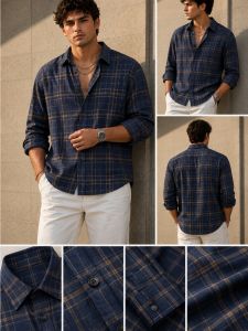 Navy & Tan - Casual Checked Shirt